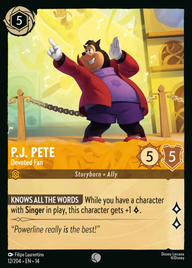 English Disney Lorcana Hyperia City card 12/204 — P.J. Pete - Devoted Fan - Non-Foil 12/204