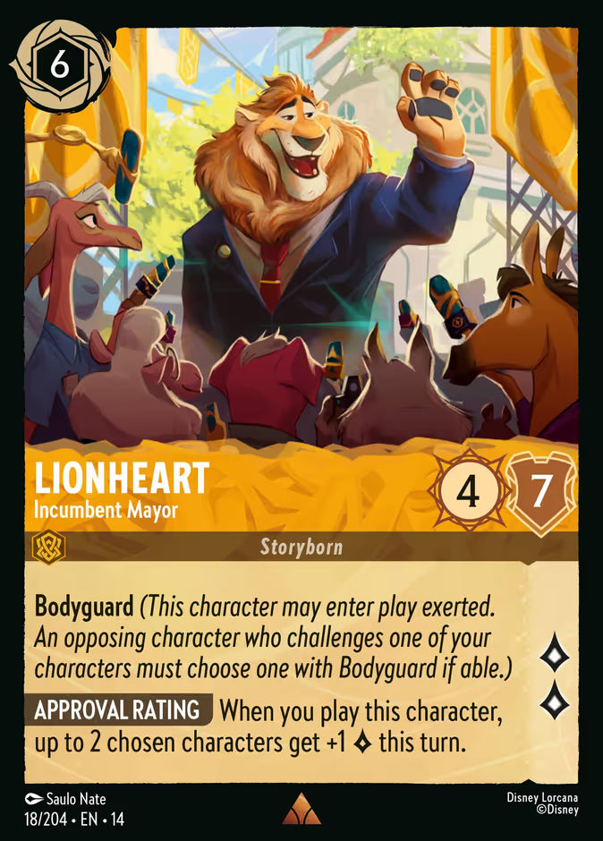 English Disney Lorcana Hyperia City card 18/204 — Lionheart - Incumbent Mayor - Foil 18/204