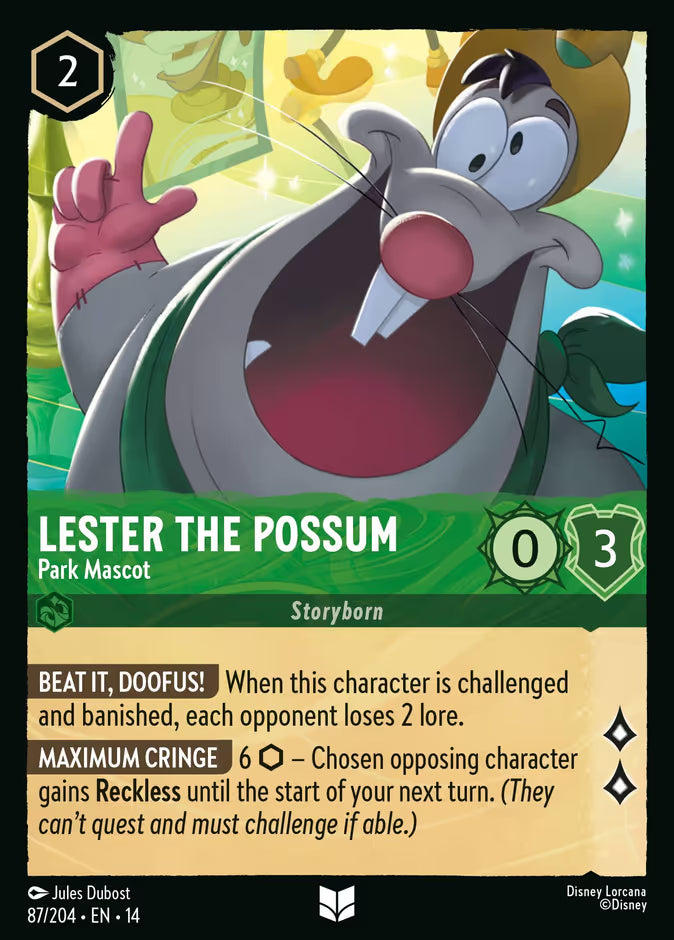 English Disney Lorcana Hyperia City card 87/204 — Lester the Possum - Park Mascot - Foil 87/204