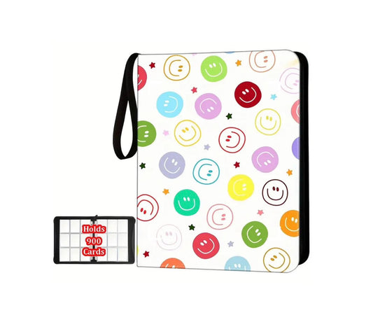 Premium Smiley Face Trading Card Binder – 900 Card Capacity, 9-Pocket Pages, Zippered, Archival Safe – for Pokémon, MTG, Yu-Gi-Oh!, Sports Cards & More