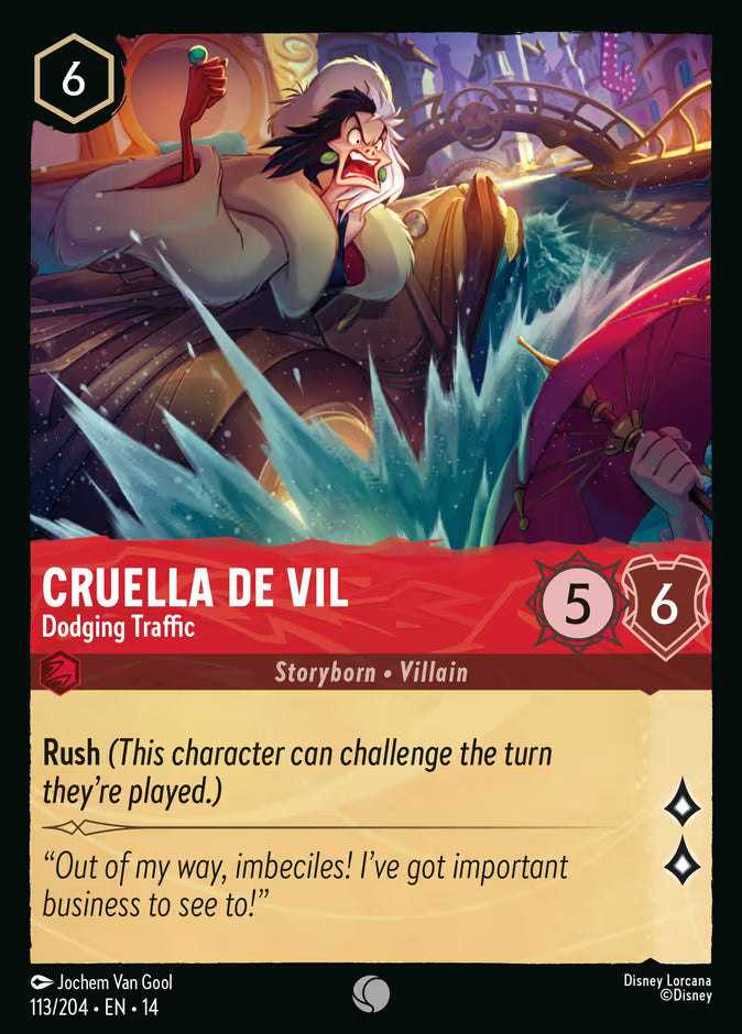 English Disney Lorcana Hyperia City card 113/204 — Cruella De Vil - Dodging Traffic - Foil 113/204