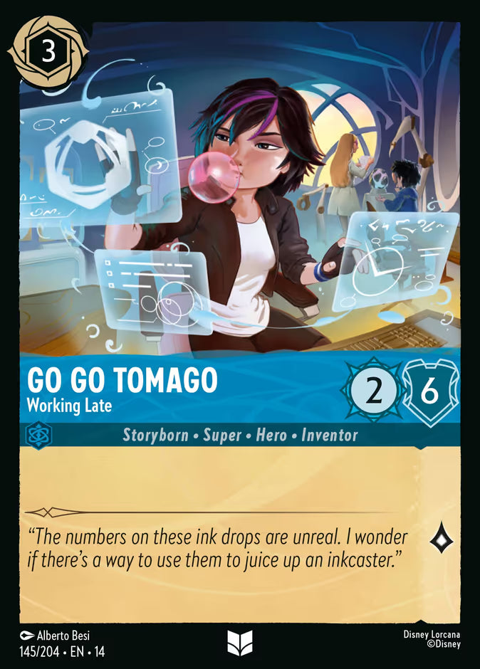 English Disney Lorcana Hyperia City card 145/204 — Go Go Tomago - Working Late - Foil 145/204