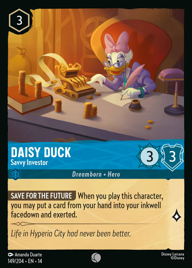 English Disney Lorcana Hyperia City card 149/204 — Daisy Duck - Savvy Investor - Foil 149/204