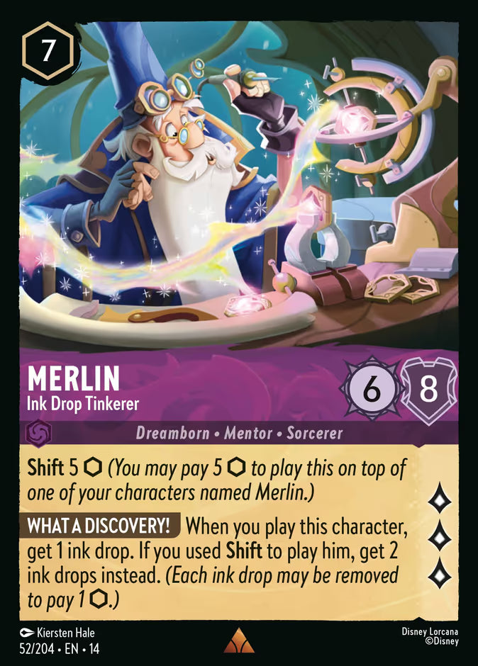 English Disney Lorcana Hyperia City card 52/204 — Merlin - Ink Drop Tinkerer - Foil 52/204