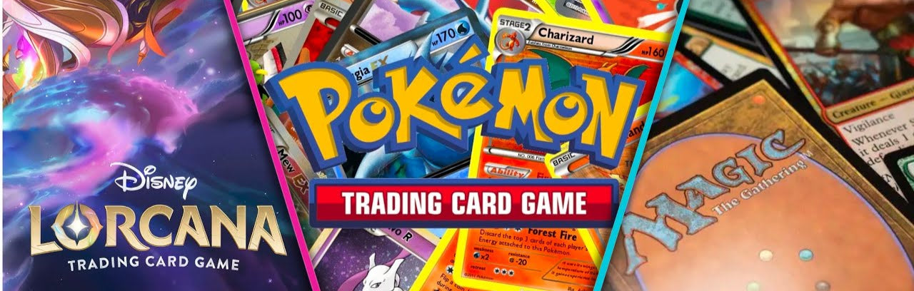 Collage of trading card game packs including Disney Lorcana, Pokemon, and Magic: The Gathering.